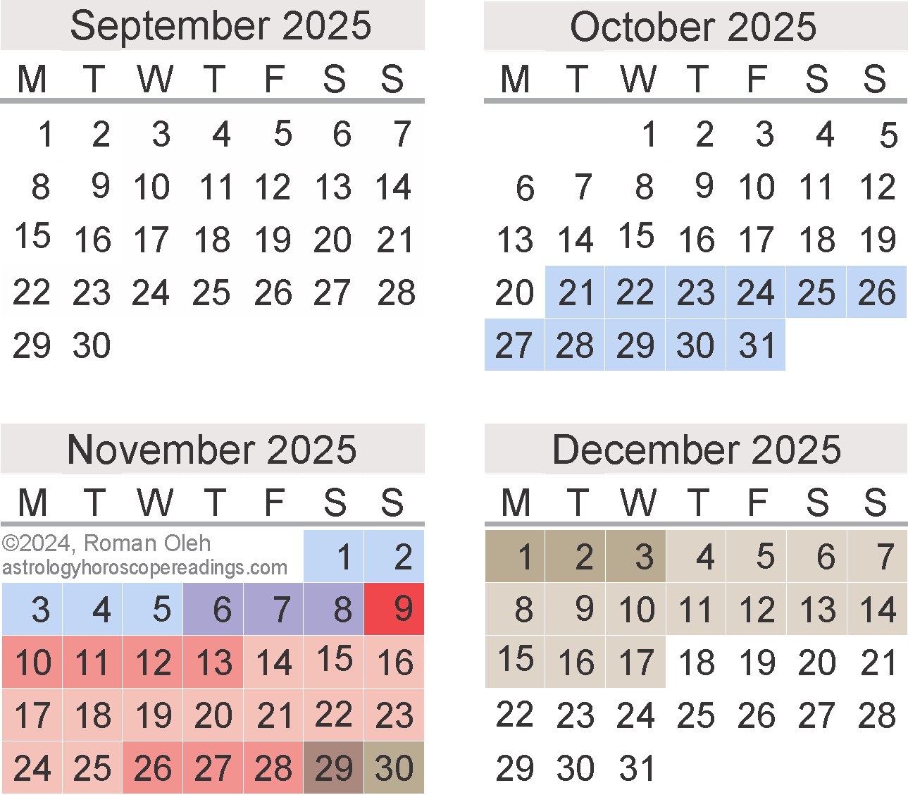 2024 Mercury Retrograde Calendar, November to December 2024.  Copyright 2023 by Roman Oleh Yaworsky, www.astrologyhoroscopereadings.com